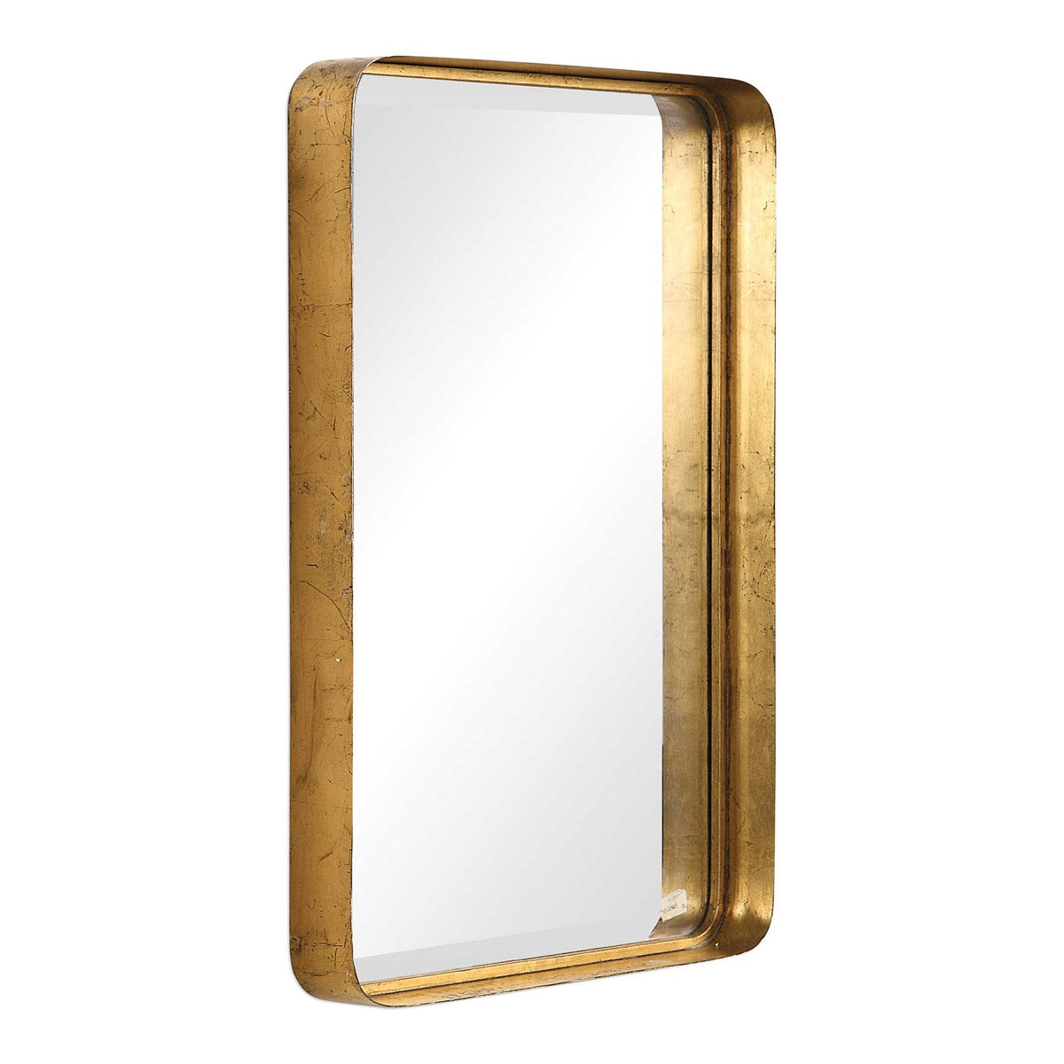 Antique gold lead mirror angled on white background.