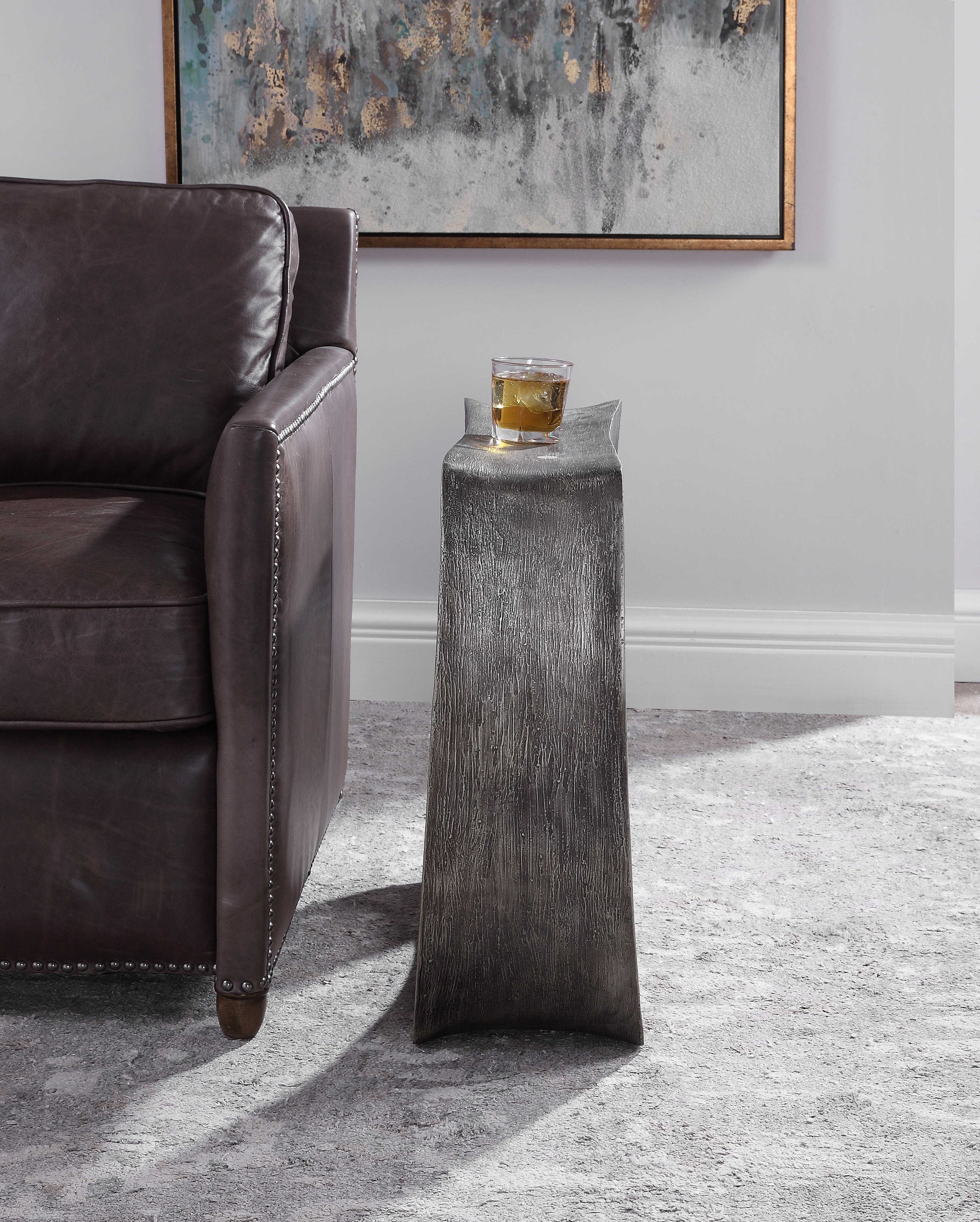 Grey Side Table with Whiskey.