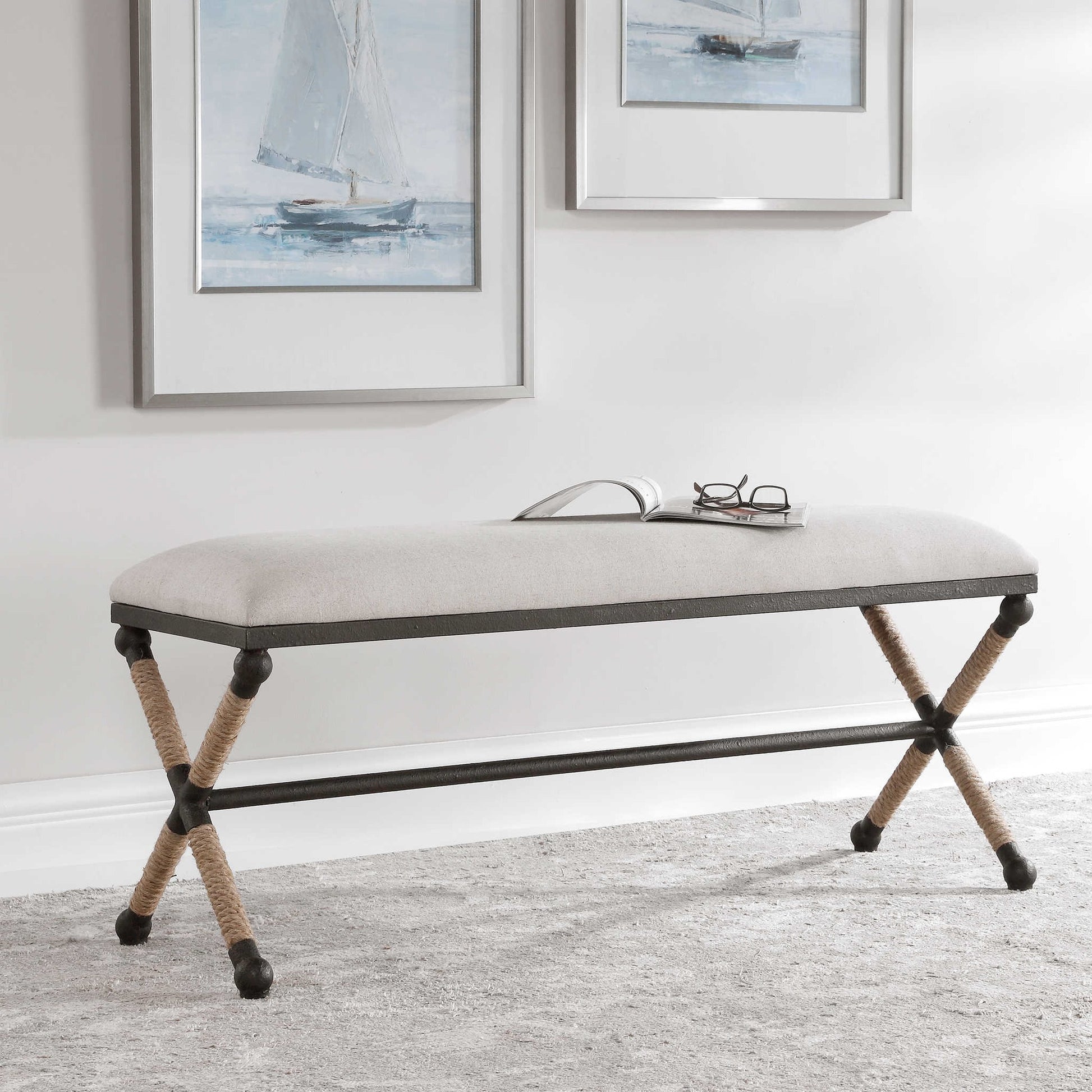 Nautical Bench with White Cushion and Rope and Metal.