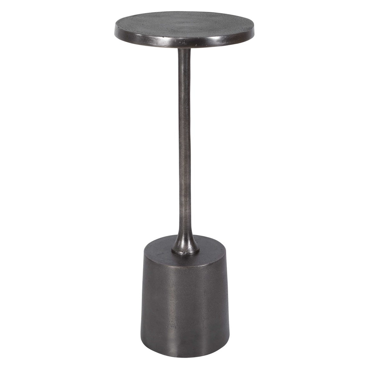 Outdoor, antique nickel accent table on white background.