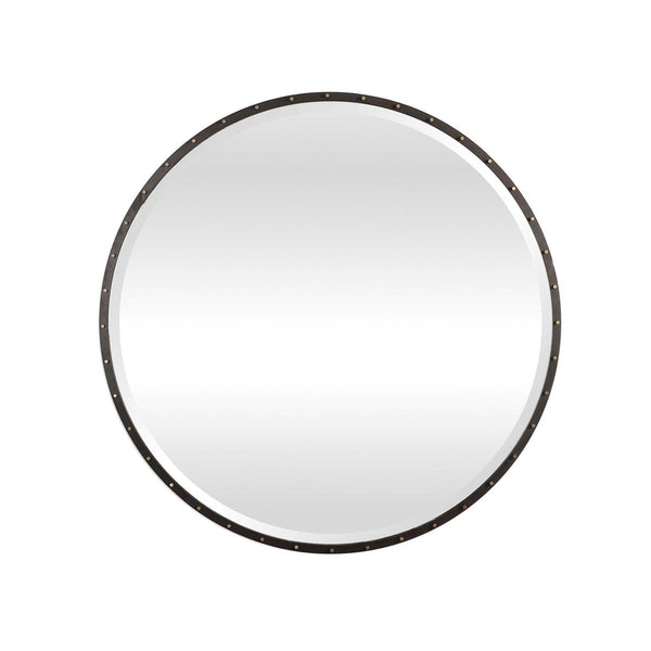 Round antique industrial mirror.