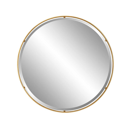 A round gold mirror with a floating beveled edge.