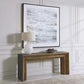 Rustic wood console on white living room wall with white decorative lamp and tray.