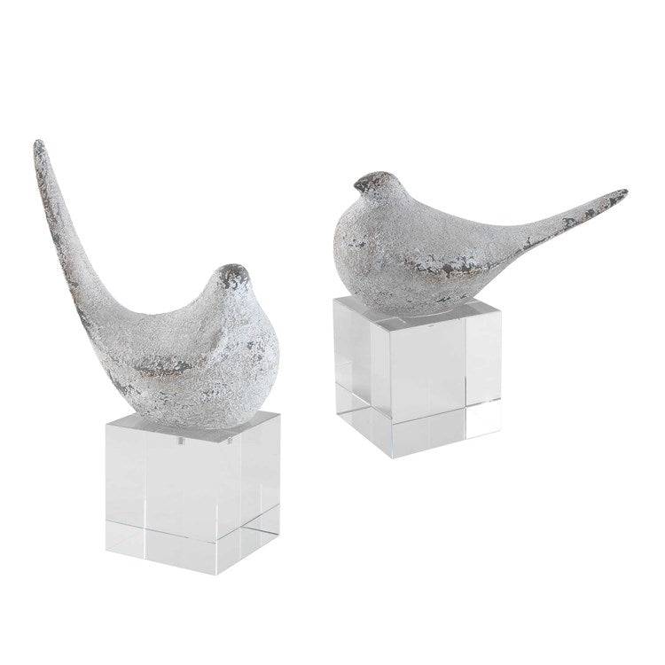 Set of 2 farmhouse sculptures of birds.