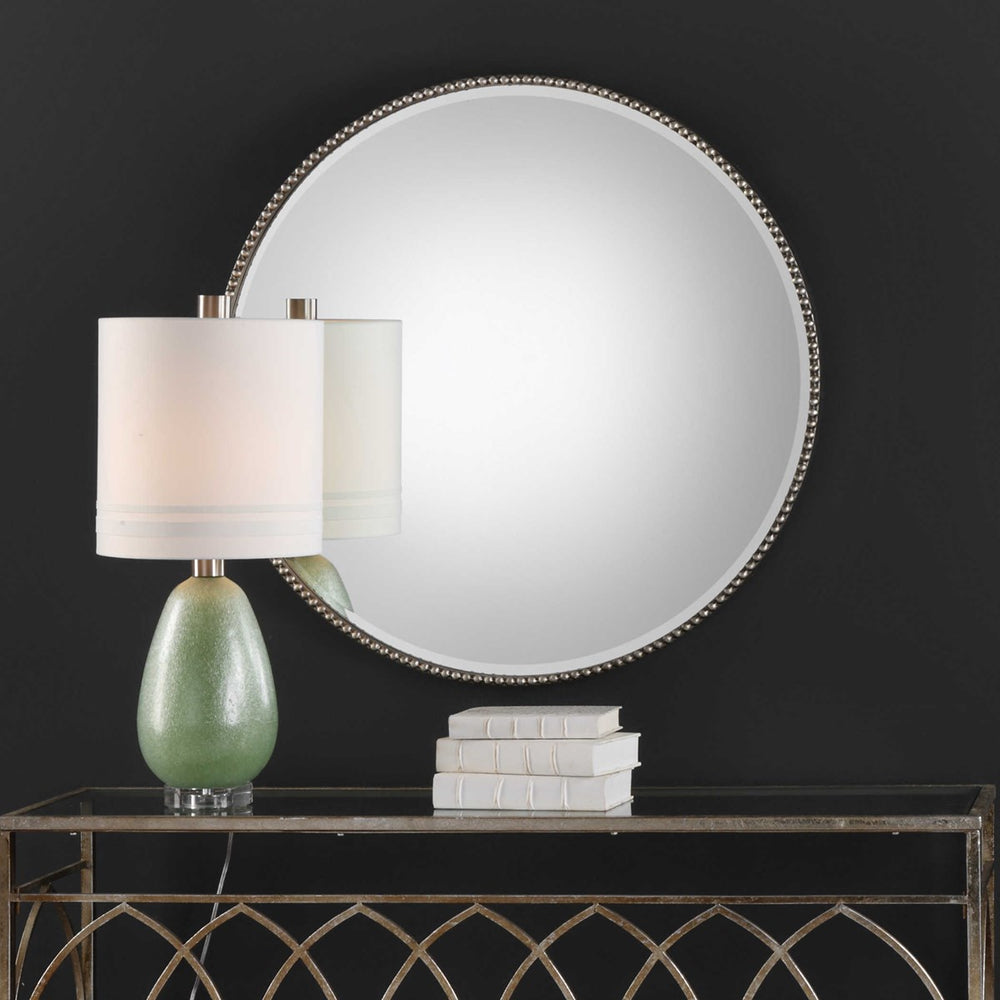 Silver Round Mirror above Console.