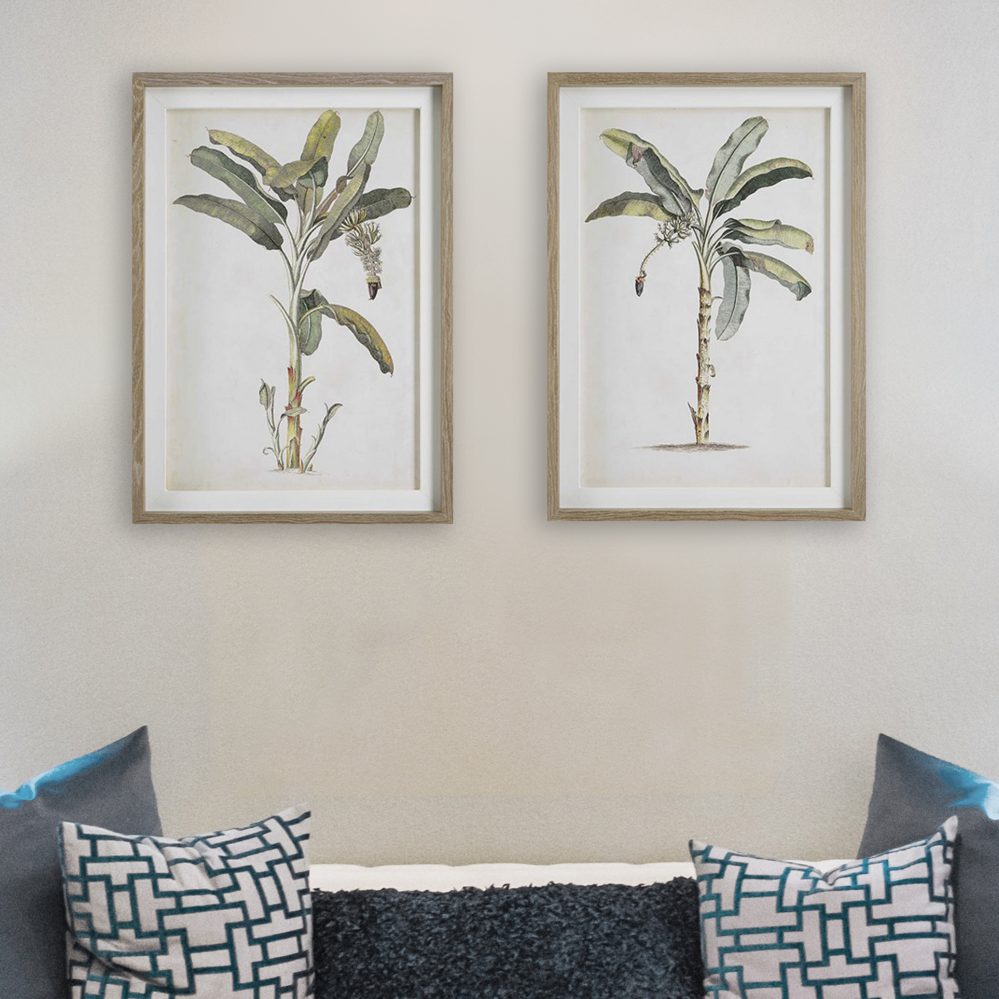 Vintage Palm Art Set of 2 Above White Coastal Sofa.
